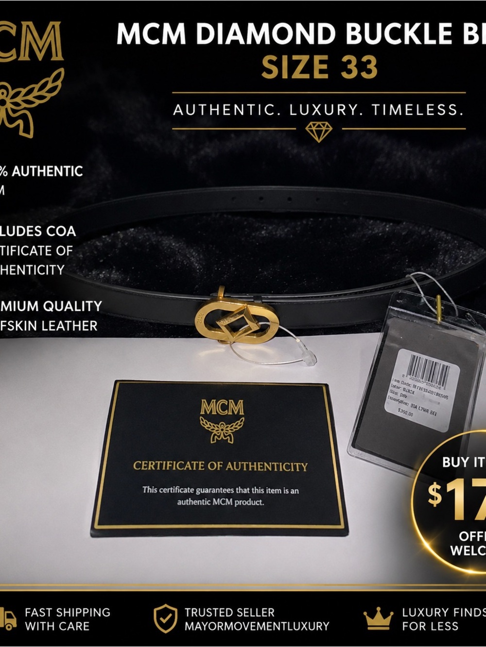 MCM Black Leather Belt with Gold Double-Loop Diamond Buckle with COA